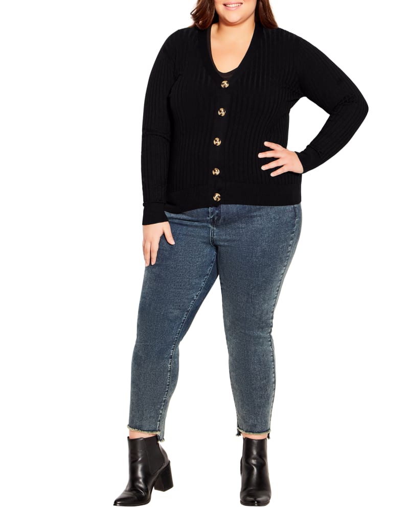 Front of a model wearing a size 14 Ribbed Button Cardigan in Black by avenue. | dia_product_style_image_id:228677